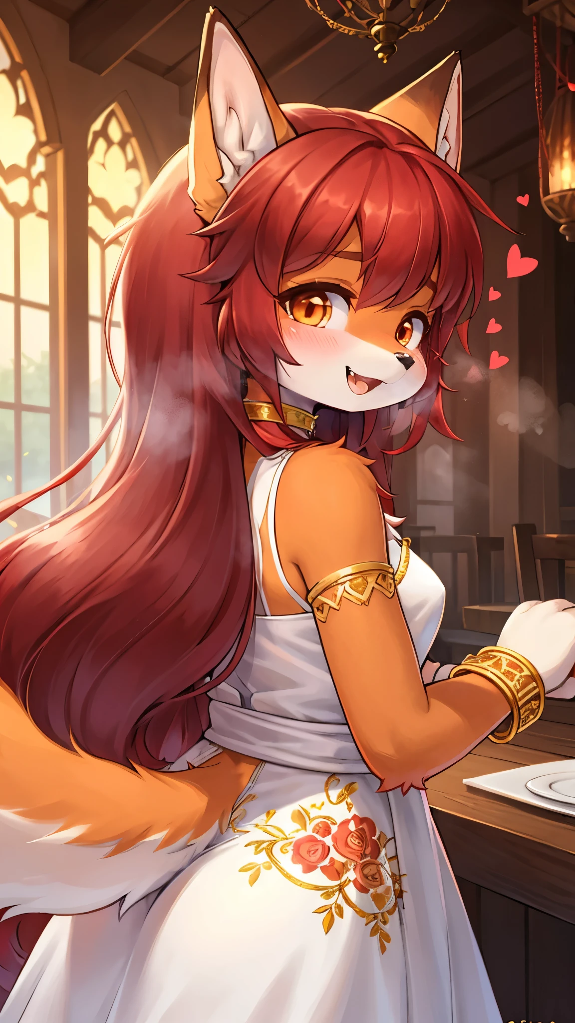 best quality,best resolution,(fluffy anthro furry :1.6),(young :1.8),fox girl,flat chest,(red hair :1.6),long hair,wavy hair,orange eyes,glistering eyes,sparkle eyes,ultra detailed eyes,(orange fur),(white dress with gold embroidery),heart choker,floral hair ornaments,gold bracelets,gorgeous restaurant,chanderia,sparkle stars surrounded,romantic light,full face blush,looking back,heart expression eyes,heart eyes,heavy breath,smile,happy face,open mouth,fangs,back view