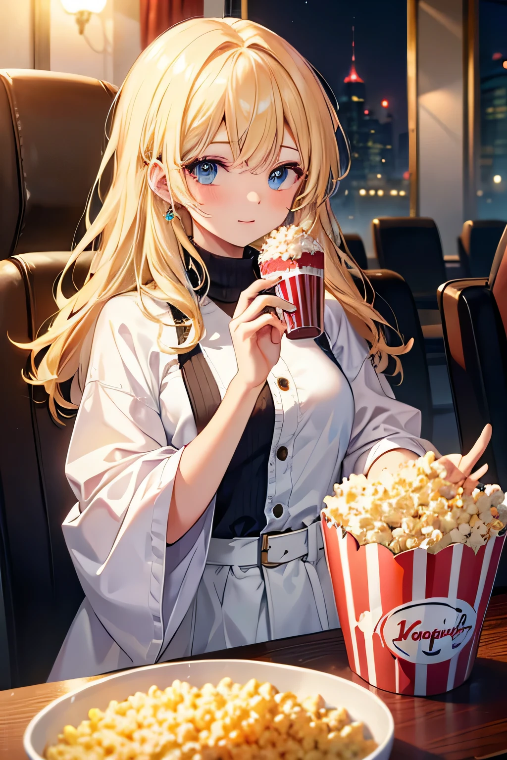 ((highest quality)), ((masterpiece)), (detailed), One girl, 8K、movie theatre、Straight Hair、blonde、cry、Popcorn、Hair doesn&#39;t stick out、Anatomically accurate