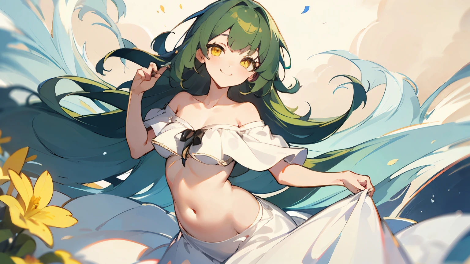 Perfect Face, long blackish green hair, yellow eyes, collarbone, beautifui white dress,smile, flower sea,belly button,Off-shoulder