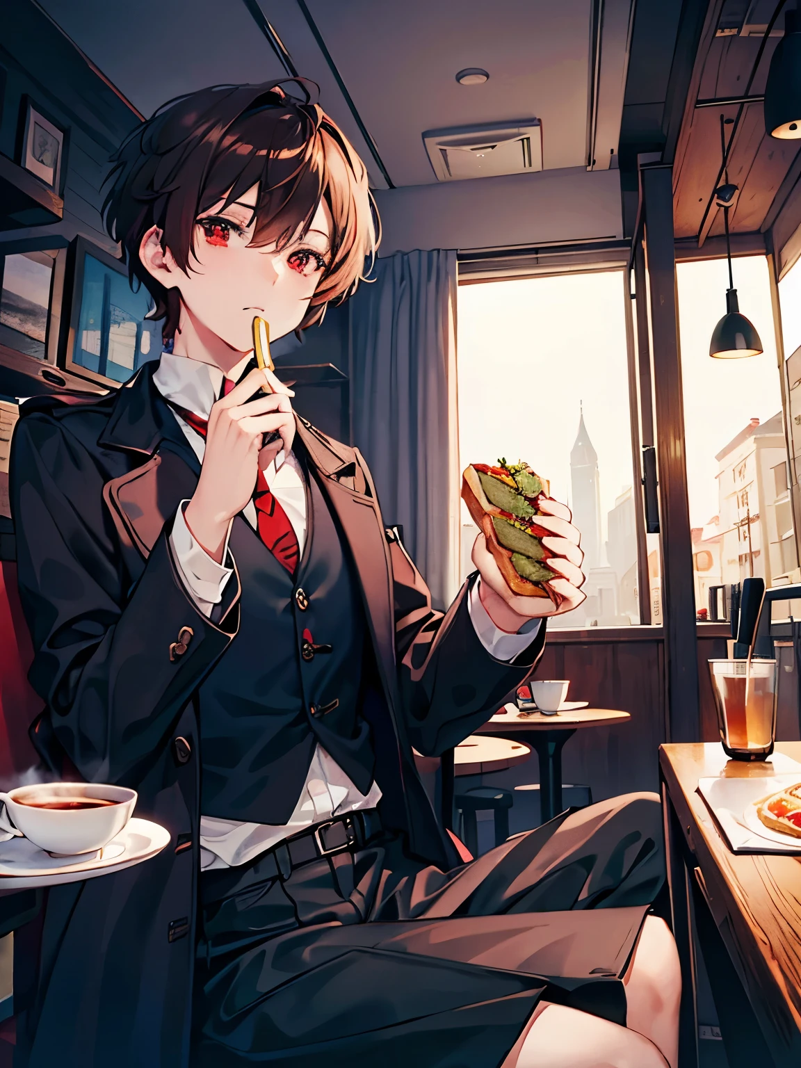 male Short Hair Red eyes Brown Hair Coffee shop Tea cup Drinking tea trench coat blouse Black vest tie Sit down and eat a sandwich