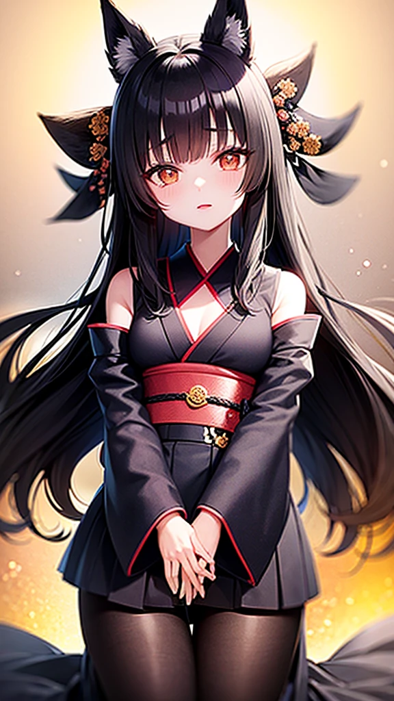 Black hair and fox ears、anime、One woman、Black Ribbon、kimono、kimono、Hime cut、anime tone、beautiful girl