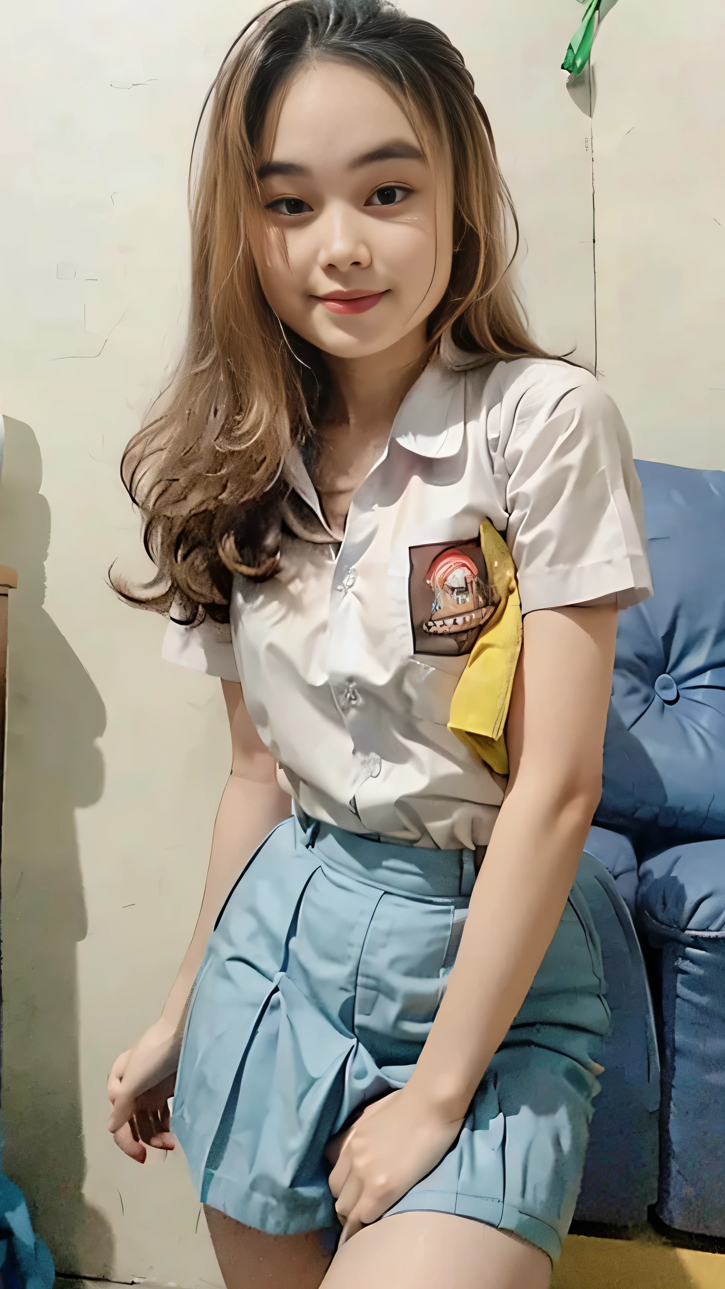 (8k, RAW photo, best quality, mastery:1.3), (realistic, photo-realistic:1.37), (looking viewer:1.331), posing Seductively, living room, soft light, 15 year old girl, short body, beautiful thighs, smaller chest, brunette hair, long hair, smile, white shirt, short sleeves, blue mini skirt