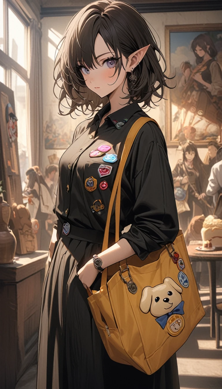 A beautiful and fashionable girl,Carrying a pudding dog fashion bag,There is a huge badge LOGO on the bag,Wearing fashionable clothes with the Pudding Dog logo,The clothes are very stylish,The clothes are covered with various pudding dog badges and totems,aesthetics of violence,There is also a two-dimensional pudding dog elf in the painting