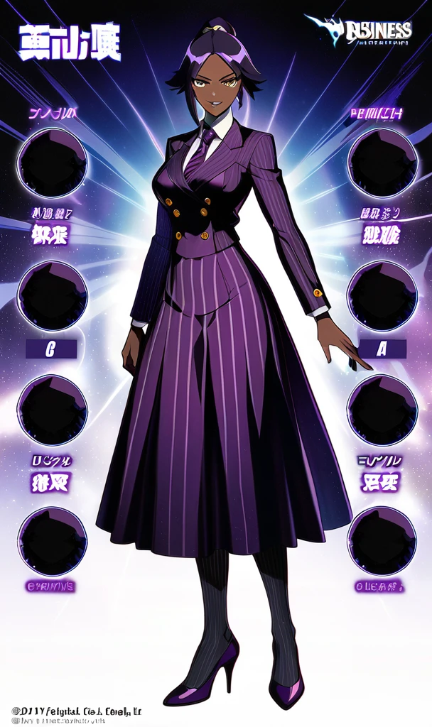  Full body Yoruichi as a thin Black business woman in a double breasted pinstripe purple  skirt suit while wearing a tie with a knee long purple pinstripe skirt and with purple knee socks with purple heels full art with a longer skirt 