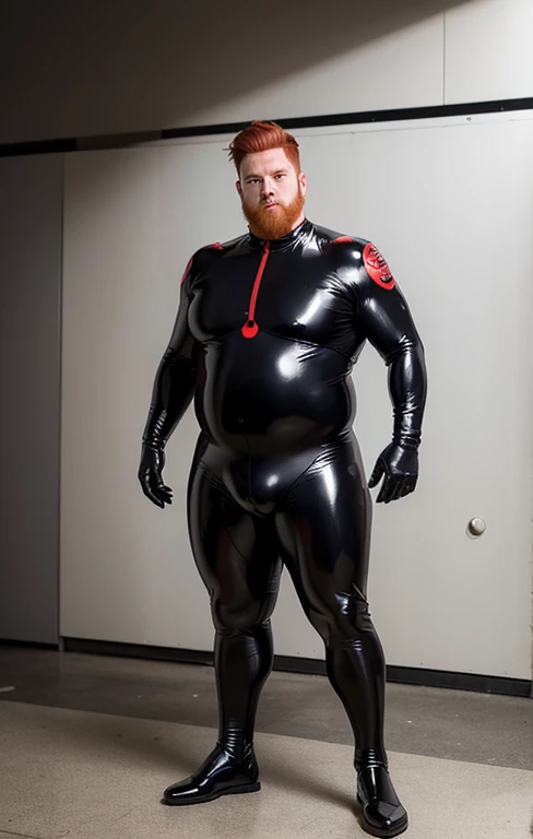 Realistic,Evangelion combat uniform, ((Full body photo)),Handsome face, male,((Mannequin)) , Shiny rubber, rubbersuit, musculature, Bulky body, Rubber drones,rubber glove,Rubber socks,Pattern of black and white dots,head to toe, (best quality,ultra-detailed),realistic,studio lighting,photography,two (chubby,plump) men with (big,fat) guts,(ginger,red) hair and beard,wearing only underwear