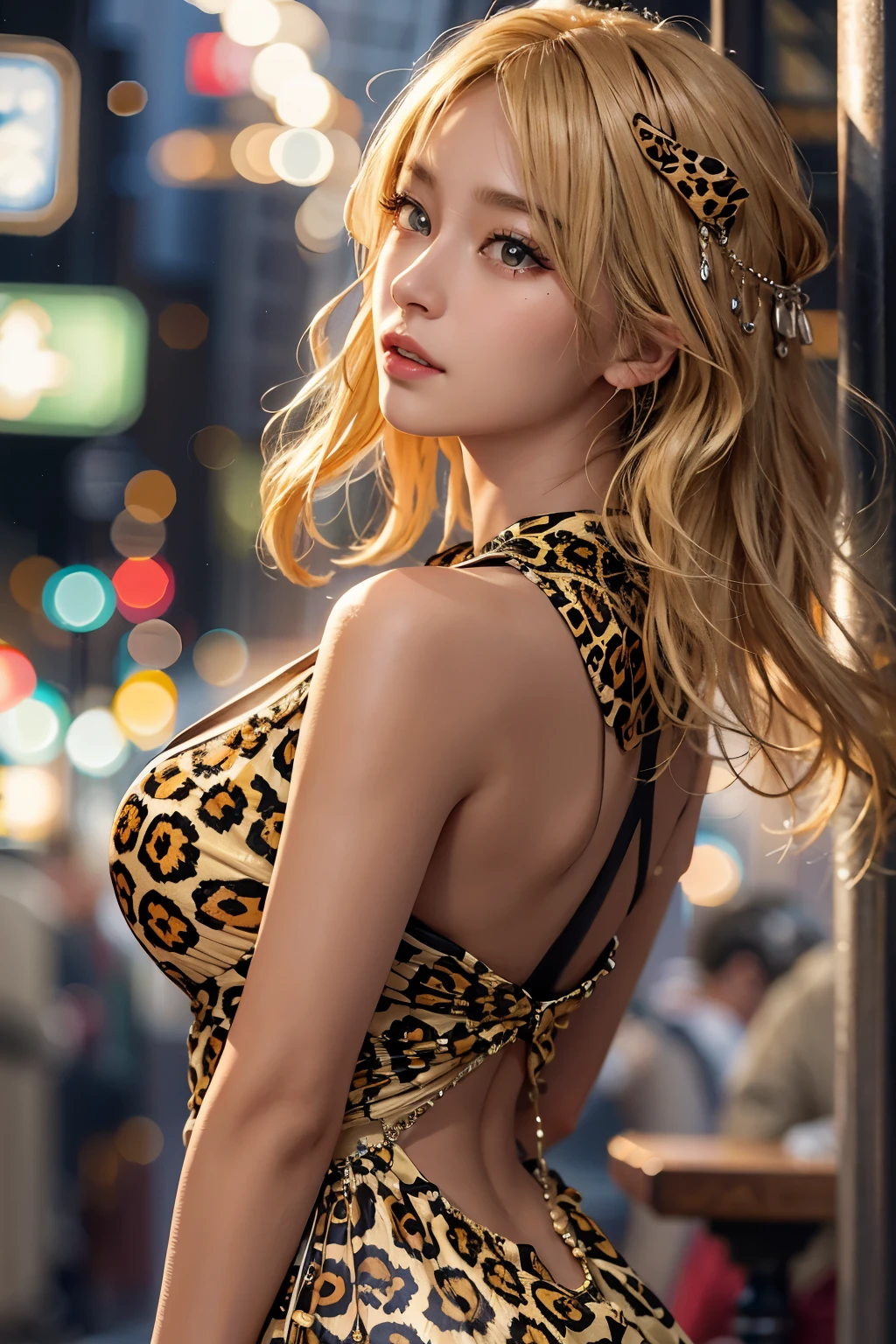 Realistic, High resolution, Soft Light,1 japanese female, alone, Hip Up, Glowing Skin, (Detailed face),tattoo, Leopard print tight dress, night, Blonde Hair, Wavy Hair, spouse, Eyes that beckon, The spouse&#39;s perspective, Attractive look, Sexy smile, Perfect Style, Perfect balance, Fine skin, Naughty look, I can see your chest, huge firm bouncing bust, midnight city, Shinsaibashi Osaka Japan