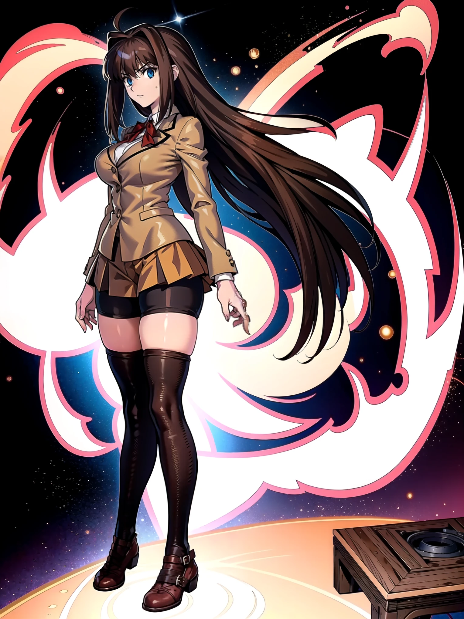BREAK, centered, BREAK, (EMPTY BACKGROUND), BREAK, (masterpiece), best quality, highest resolution, 8k, illustration, (beautiful detailed eyes:1.5), perfectface, extremely detailed body, CG, perfect hands, perfect anatomy, ((1girl)), ((solo)), (((bbaoko))), ((2 legs max)), ((2 feet max:1.5)), ((swirling vortex shaped longest brown hair:1.5)), (brown longest hair with slightly reddish undertone:1.6), (lush luscious longest brown hair:1.6), (very long voluminous longest brown hair:1.5), serious, blue eyes, red bowtie, (Form-fitting beige blazer:1.5), brown jacket, (highly detailed beautiful face:1.2), (white shirt:1), (well shaped large breasts:1.6), (nice hips:1), pretty legs, ((thigh-high black stockings:1.6)), ((Umber pleated skirt:1.6)), (((thigh-high bike shorts:1.5))), (toned visible skin thighs:1.6), (strap shoes brown color), (facing front:1.5), ((standing straight:1.5)), ((Fullbody in frame:1.5)), ((Full body:1.5)), (takeuchi takashi:1.3)