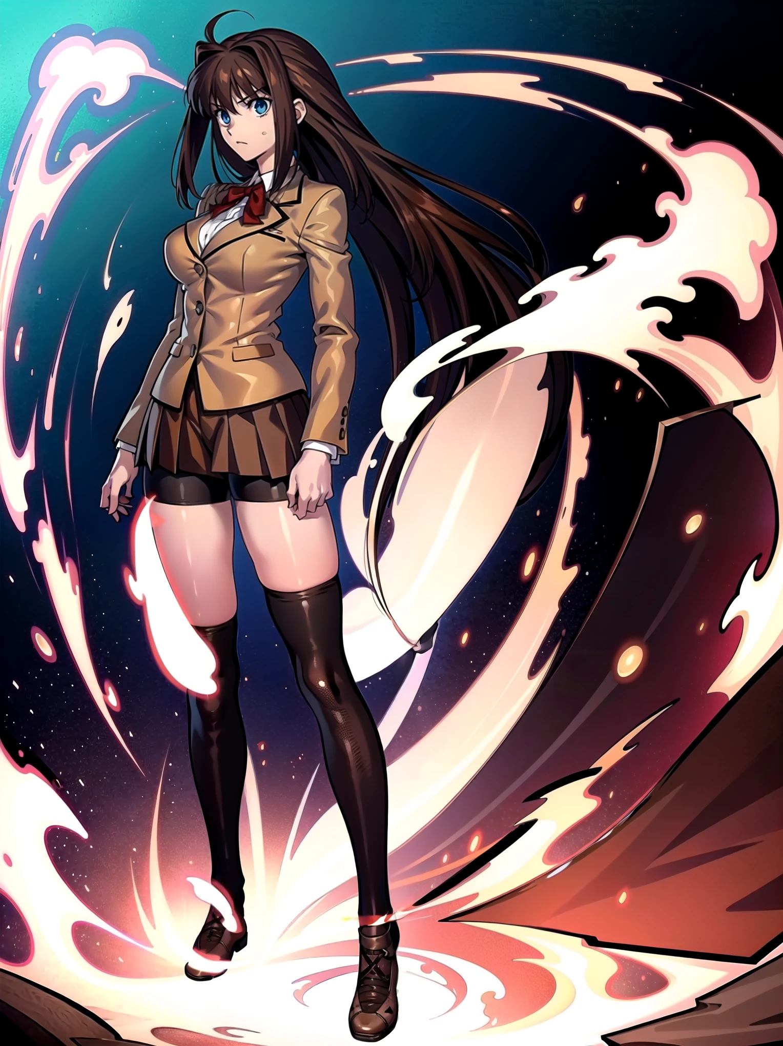 BREAK, centered, BREAK, (EMPTY BACKGROUND), BREAK, (masterpiece), best quality, highest resolution, 8k, illustration, (beautiful detailed eyes:1.5), perfectface, extremely detailed body, CG, perfect hands, perfect anatomy, ((1girl)), ((solo)), (((bbaoko))), ((2 legs max)), ((2 feet max:1.5)), ((swirling vortex shaped longest brown hair:1.5)), (brown longest hair with slightly reddish undertone:1.6), (lush luscious longest brown hair:1.6), (very long voluminous longest brown hair:1.5), serious, blue eyes, red bowtie, (Form-fitting beige blazer:1.5), brown jacket, (highly detailed beautiful face:1.2), (white shirt:1), (well shaped large breasts:1.6), (nice hips:1), pretty legs, ((thigh-high black stockings:1.6)), ((Umber pleated skirt:1.6)), (((large bike-shorts:1.6))), (toned visible skin thighs:1.6), (strap shoes brown color), (facing front:1.5), ((standing straight:1.5)), ((Fullbody in frame:1.5)), ((Full body:1.5)), (takeuchi takashi:1.3)