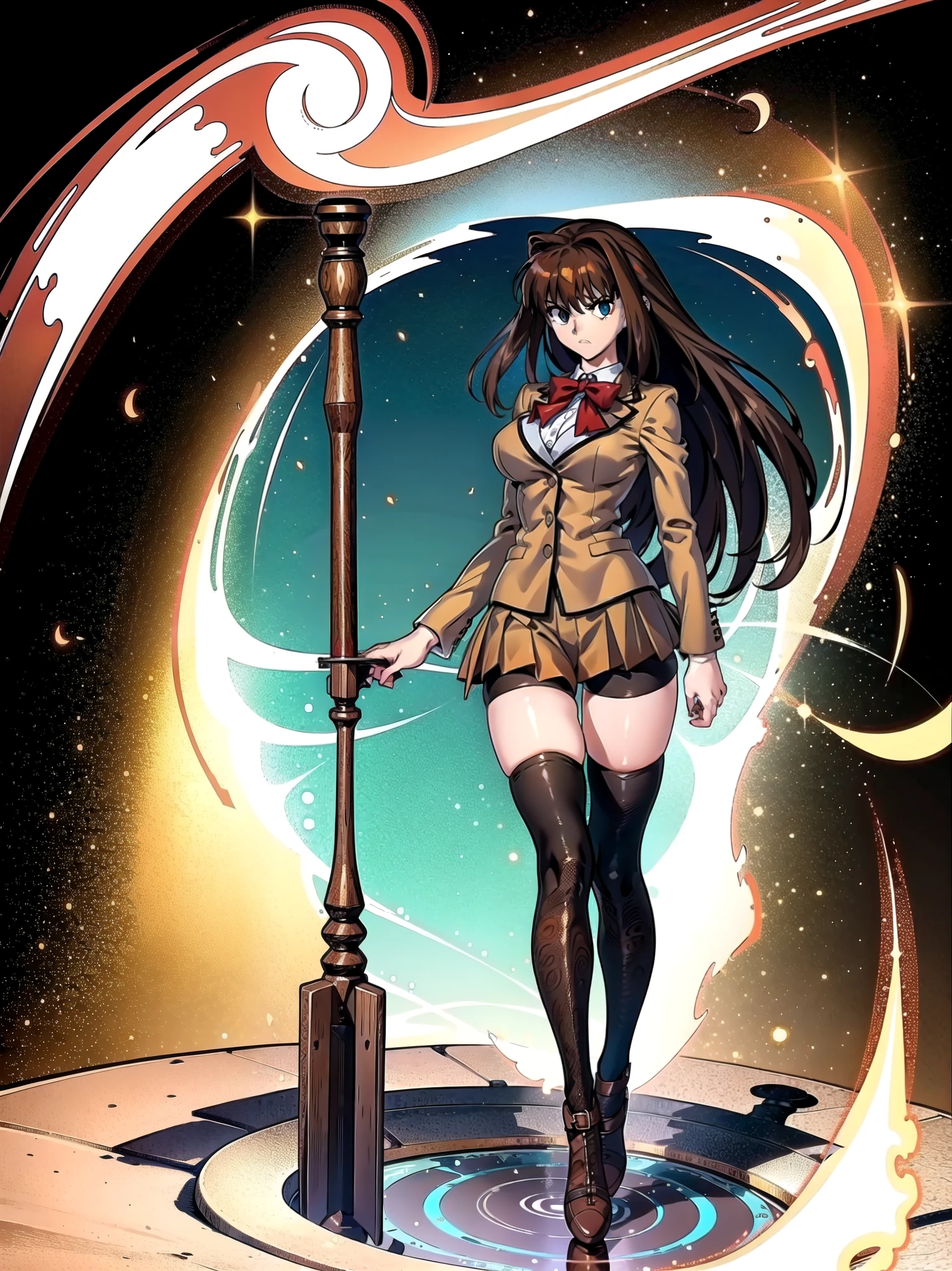 BREAK, centered, BREAK, (EMPTY BACKGROUND), BREAK, (masterpiece), best quality, highest resolution, 8k, illustration, (beautiful detailed eyes:1.5), perfectface, extremely detailed body, CG, perfect hands, perfect anatomy, ((1girl)), ((solo)), (((bbaoko))), ((2 legs max)), ((2 feet max:1.5)), ((swirling vortex shaped longest brown hair:1.5)), (brown longest hair with slightly reddish undertone:1.6), (lush luscious longest brown hair:1.6), (very long voluminous longest brown hair:1.5), serious, blue eyes, red bowtie, (Form-fitting beige blazer:1.5), brown jacket, (highly detailed beautiful face:1.2), (white shirt:1), (well shaped large breasts:1.6), (nice hips:1), pretty legs, ((thigh-high black stockings:1.6)), ((Umber pleated skirt:1.6)), (((large bike-shorts:1.6))), (toned visible skin thighs:1.6), (strap shoes brown color), (facing front:1.5), ((standing straight:1.5)), ((Fullbody in frame:1.5)), ((Full body:1.5)), (takeuchi takashi:1.3)