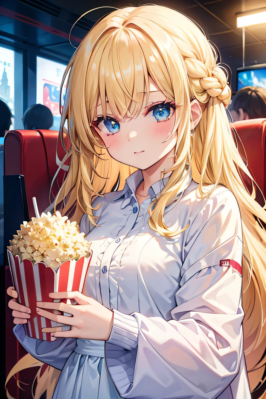 ((highest quality)), ((masterpiece)), (detailed), One girl, 8K、movie theatre、Straight Hair、blonde、cry、Popcorn、juice、Hair doesn't stick out、Anatomically correct、