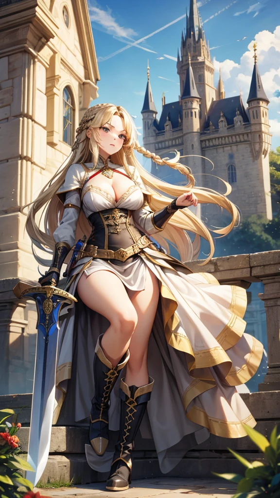 Long blond hair, Double braid, woman，dress, long skirt, cleavage，Hand guard，Bare Legs，boots，Great Sword，Medieval European castles