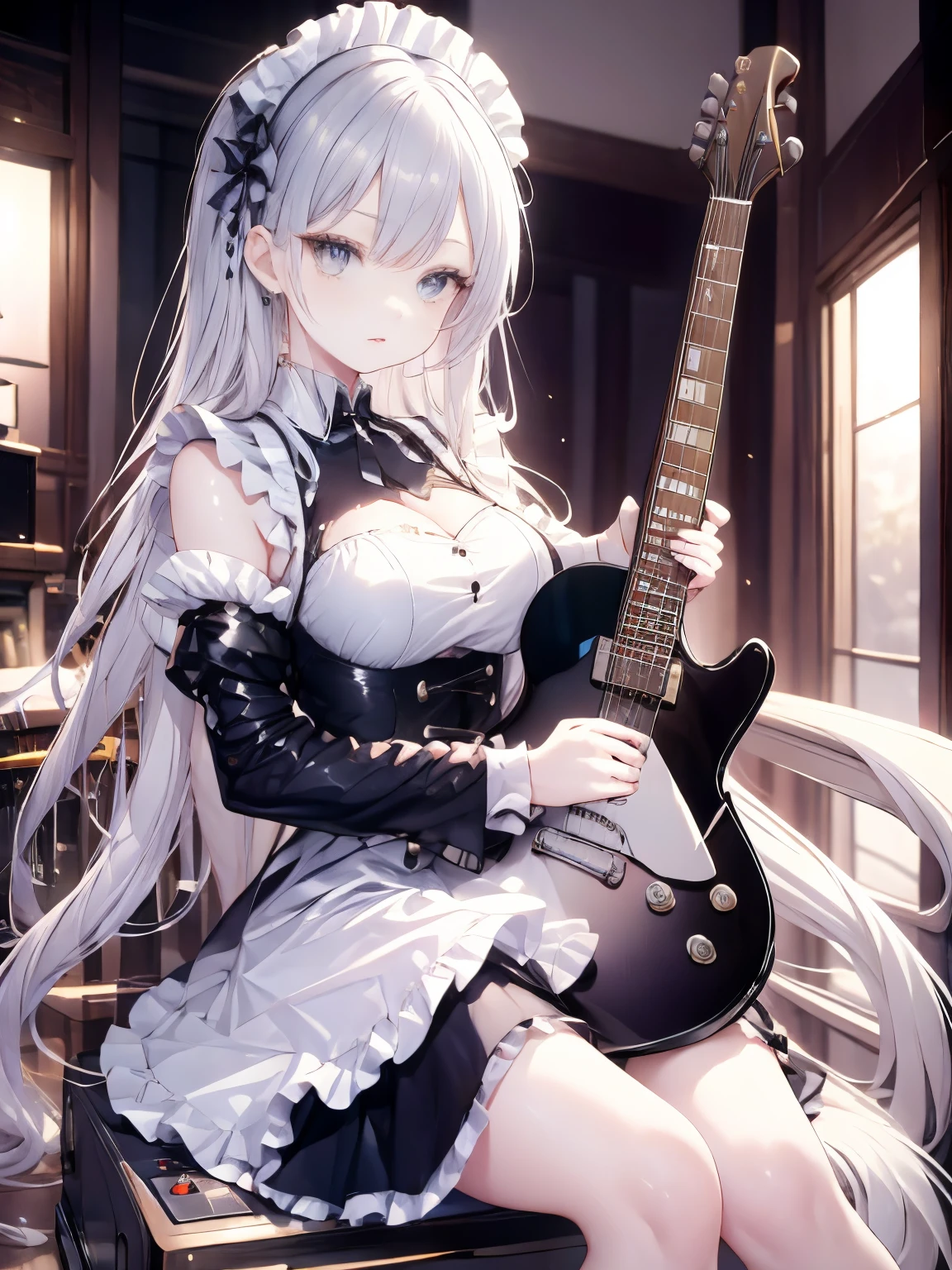 High-quality picture, masterpiece, 4k, animated beauty, long blonde hair, hair dancing in the wind, gothic ta, shiny silver maid outfit, holding Les Paul guitar, colourful make-up, sitting on guitar amp.