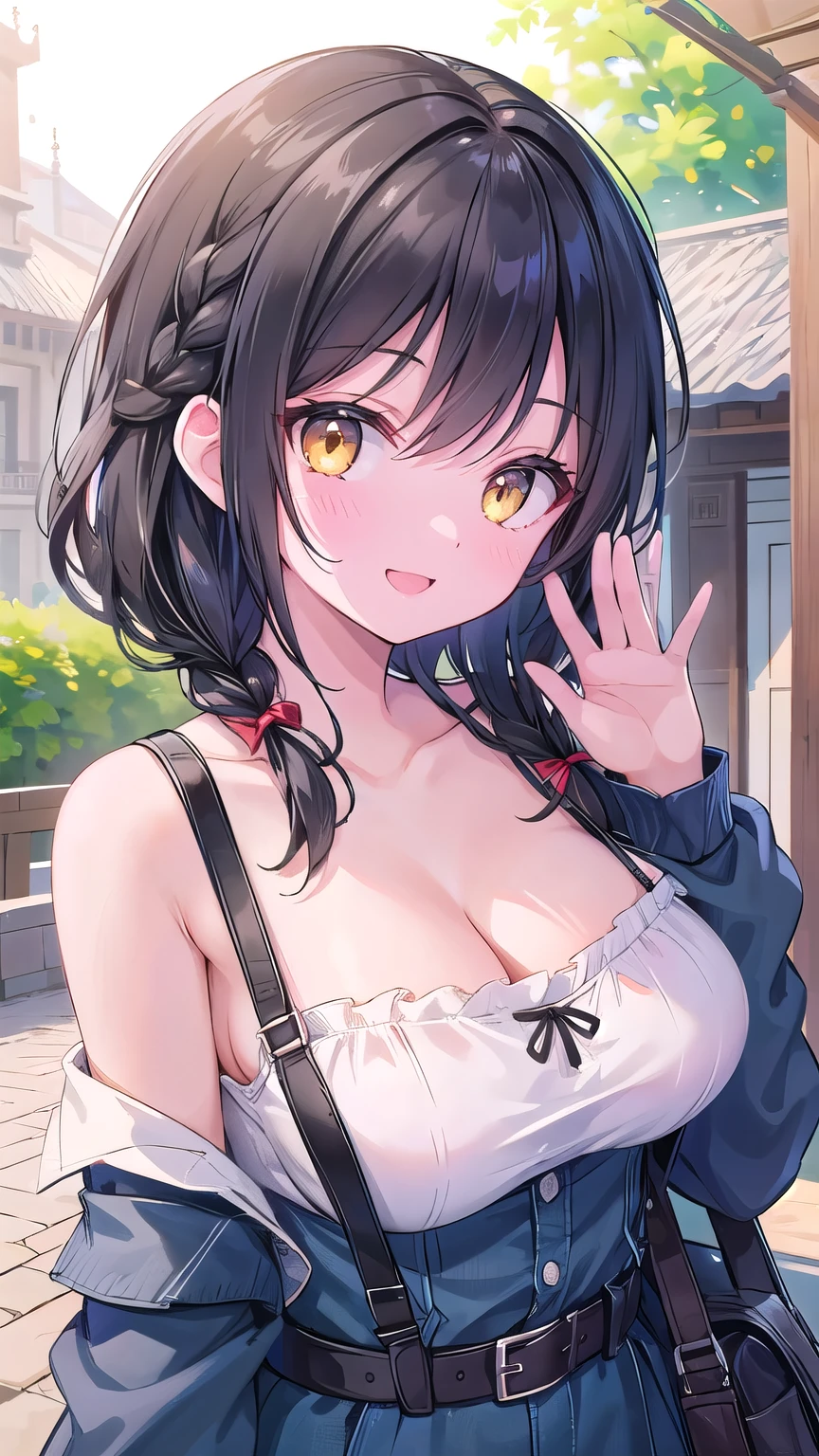 black hair, tits cleavage, smile, waving, face palm, breasts close up, suspenders, solo focus, off shoulder, off-shoulder sleeves, medium hair, braids, ribbon camisole, belt, blue clothes, big breasts, khaki clothes, masterpiece, high quality, best quality, upper body, exposed breasts, fork, villages, shanghai