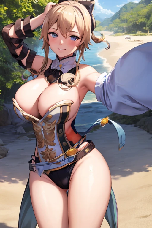 masterpiece, best quality, beautiful art, high resolution, well formed hands, body and fingers, 1 woman, solo, Jean  Gunnhildr, adult, big breasted, cleavage, hair ribbon, wearing a Leina Vance outfit, loin cloth, full body, sexy and skimpy bikini armor,  gorgeous hips,  legs and thighs , dancing seductively and erotically, turning backwards and forwards, showing her back and front, showing her butt, t -back, bikini thong, smiling joyfully, looking at the viewer, flirting, beach environment 
