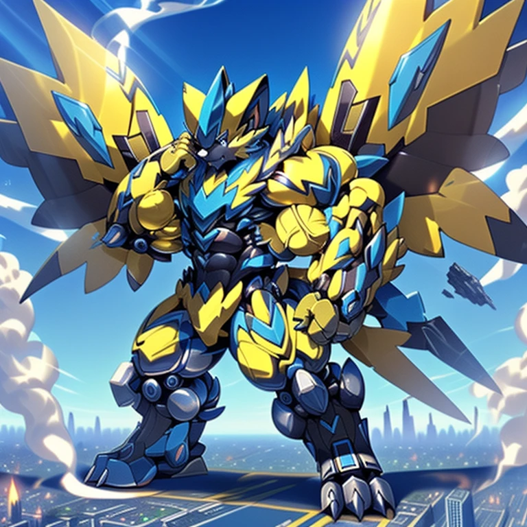 (dominating zeraora. Zeraora is over 1000 meters long. giant mechanical Muscular Zeraora is trampling the city. Looking down. macro. stomp) 
(smoke and flames rising from the destruction in the city)

Additional details 1: (masterpiece. official art. 8k. best quality) (high-tech bio-mecha armor. real texture material. whole body shines like metal. Wearing cyberpunk mecha. emphasizes the muscles. suit fully made of metal. intricate armor. Robotic suit. suit fully made of metal. cyborg. Powered exoskeleton with the same design as Zeraora). 

Additional details 2: (gigantic muscles. HYPER MUSCLES. Gigachad Muscular. big muscle. pecs. triceps. traps. unusually developed muscular body. body full of huge muscles. showing off muscles. pectorales enormes. Exaggeratedly huge muscles.). 

Additional details 3: (Spread wings. It has wings. have big wings. golden wings). 

Additional details 4: (giant zeraora. Zeraora's giant robot. ). gundam.