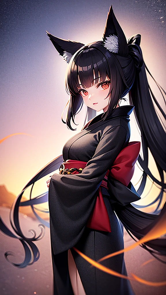 Black hair and fox ears、anime、One woman、Black Ribbon、kimono、kimono、Hime cut、anime tone、beautiful girl、Standing front view