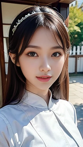 (masterpiece, 最high quality:1.2),whole body、View from the floor、 scrawny, small breasts:1.1、Narrow waist、light make‐up、masterpiece, Best image quality, high quality,(Super detailed), (wallpaper), (Detailed face), (full body:1.2), super slender, Beautiful woman、Well-formed face、Symmetrical face、Symmetrical eyes、Well-formed eyes、Biologically correct human、Beautiful woman, ,Japanese,corridor、Walking、White Ao Dai、smile