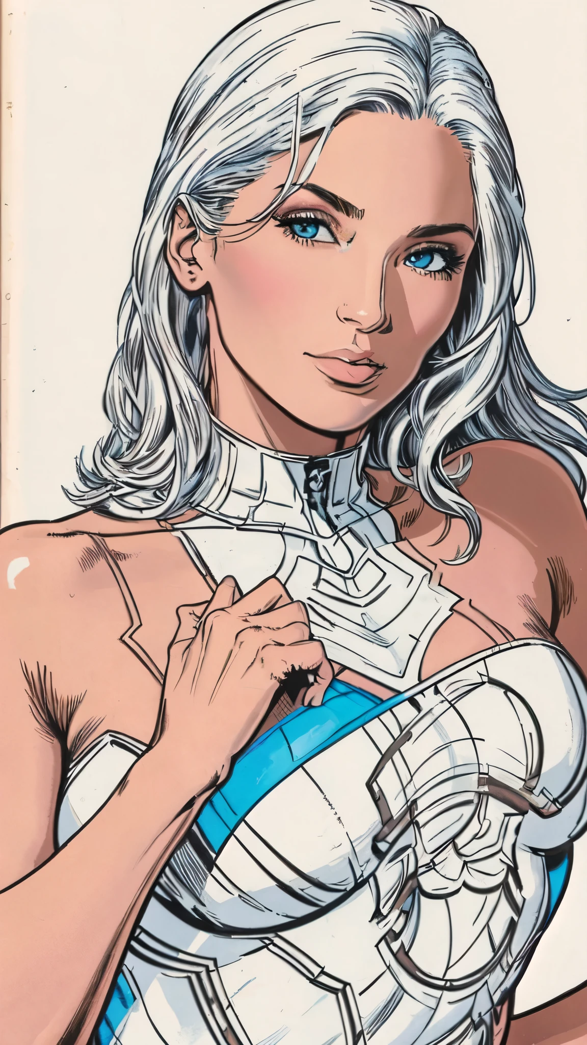 masterpiece,extremely beautiful woman,Excellent sense,(((perfect very white background))),American Comics,(((The Perfect One Woman))),(((one person))),colorful,Highly detailed perfect upper body,highly detailed face,near future,SF,