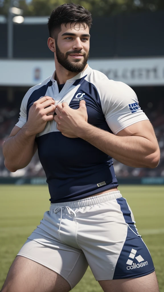 1 pale man rugby player ,Full body, rugby player, sport brighter pants, bulge vpl, rugby esportive uniform, Black hair fade , captivating large eyes, beard European 30yo man closed smile, (High shadow detail), wearing Calvin Klein rugby brands uniform, muscular chest, long legs, left neck look, neck tattoo, large closed mouth, Wide shoulders, nice detailed hands, field rugby bokeh background, colorful vivid colors.