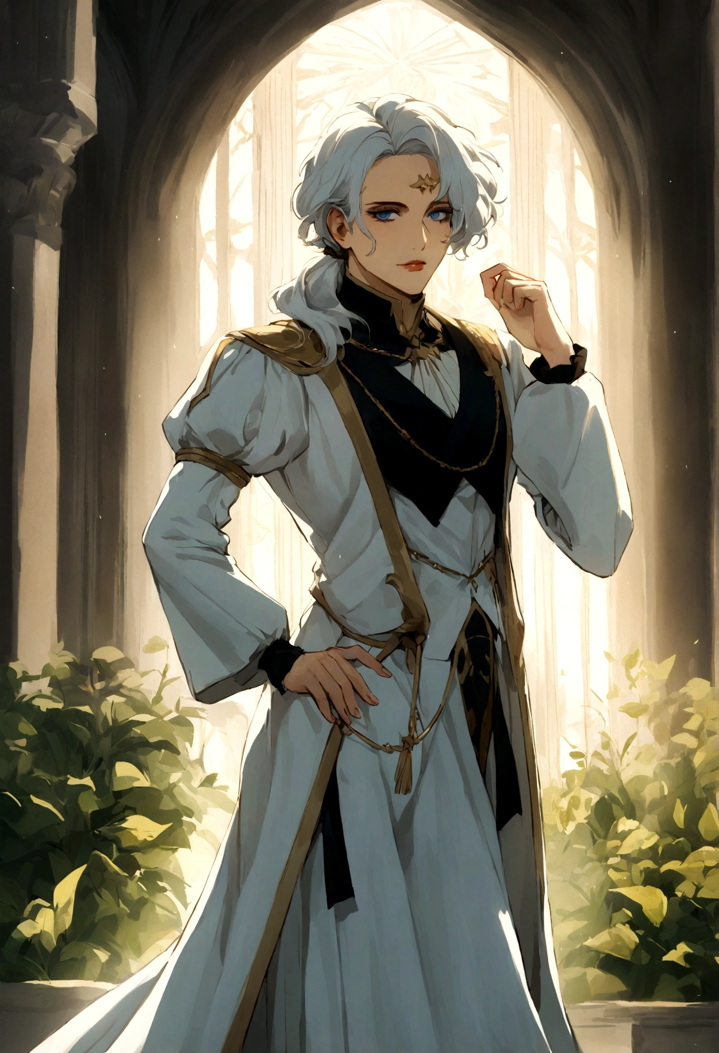 Henry Drake, the second prince of the kingdom, was in the medical wing of the royal palace. His thin physique and his height of 1,73 meters gave it a fragile and delicate appearance.
Her pale skin contrasted with her blue eyes., que exibiam um olhar cansado e profundo.
O rosto de Henry era marcado por um nariz comprido e bem definido, while her small lips revealed a serene expression. Ele optava por vestir roupas despojadas, embora
ainda elegantes, that highlighted his status as prince.
No entanto, o atributo mais peculiar de Henry eram seus cabelos ondulados de cor azul. A delicate fringe fell across her forehead., adding a touch of mystery to your appearance. This unique characteristic set him apart from other members of royalty and aroused curiosity and admiration wherever he went..