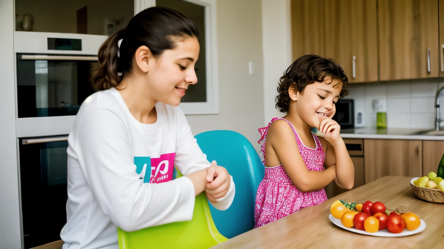 Fotografia de la cocina de una casa linda, de proporciones normales, where there is a 10-year-old boy sitting eating yogurt and his mother is on her cell phone.. al lado de ellos hay un basurero lleno de basura