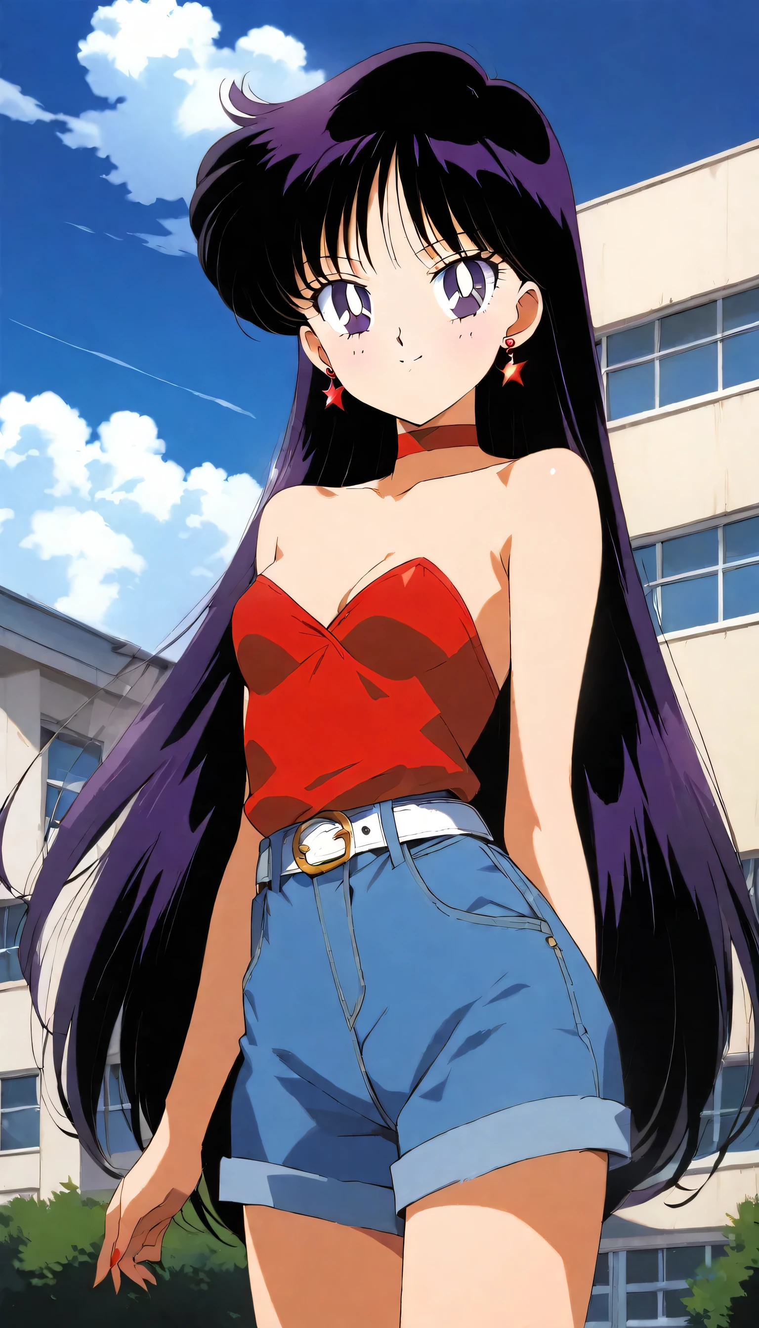 aamars, very long hair, black hair, parted bangs, purple eyes, 1990s \(style\), 1 girl, solo, Best quality, masterpiece, High Definition, earrings, red shirt, striped, strapless, cleavage, white belt, blue pants, small breasts, sky, clouds, high school building, smile, looking at viewer, cowboy shot,