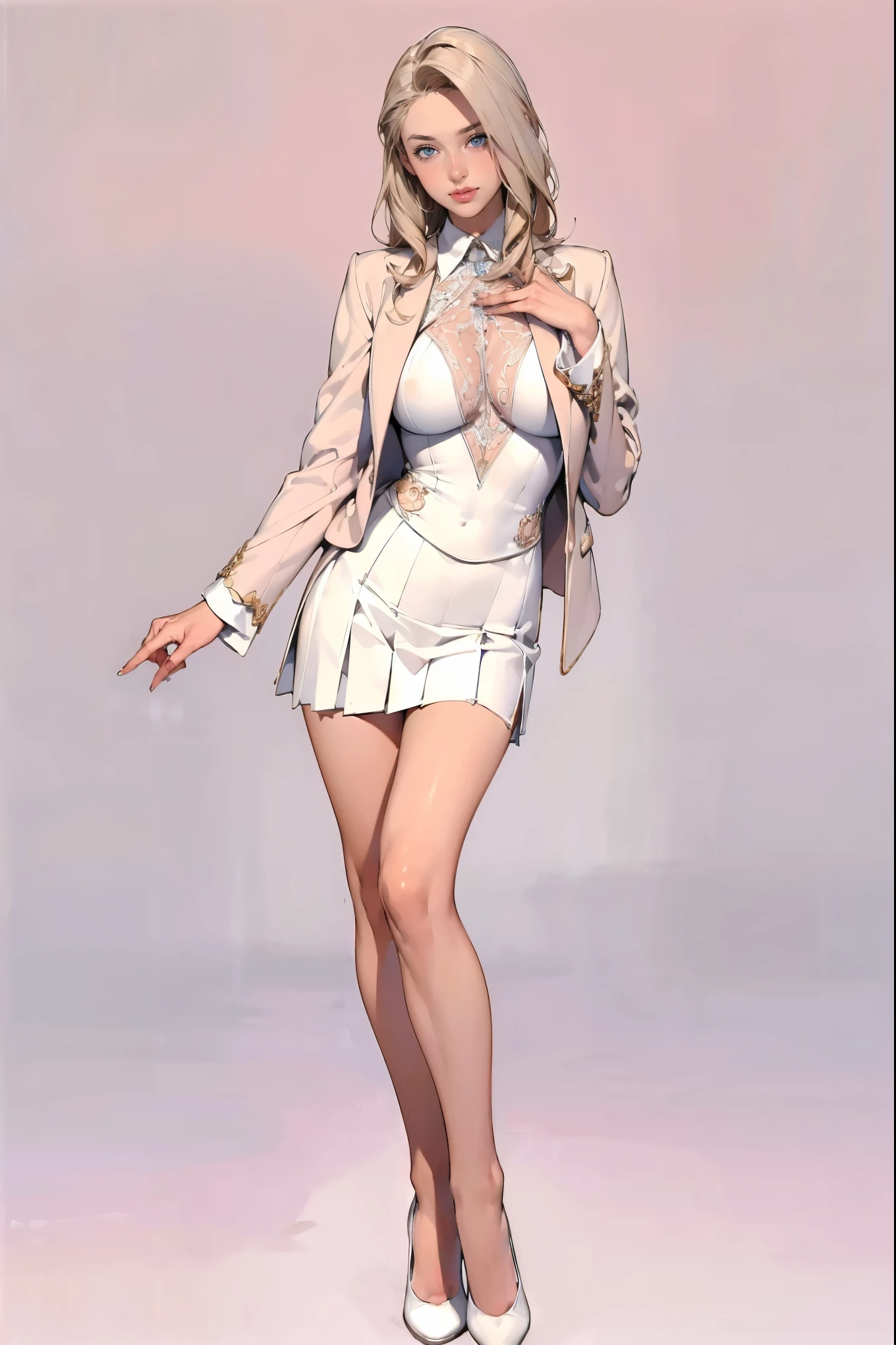 ((masterpiece,best quality,8k,highres)),((character concept art)), 1 female, young adult female, Anastasia Volkova, 18 years old, 175cm, (long, platinum blonde hair), platinum blonde hair, (fair skin colour), ultra finely detailed eyes (blue eyes colour), dazzling, graceful, confident, perfect body build ((slim)), ((intricate detail)), super finely detailed hands, ultra finely detailed fingers(((ten fingers))), wearing pink blazer jacket white shirt and white pencil pleated skirt, (standing with grace), ((full body showcase)), (show full body), (no logos on background), (no logo), ((plain background)), ((plain background)), (((empty background)))