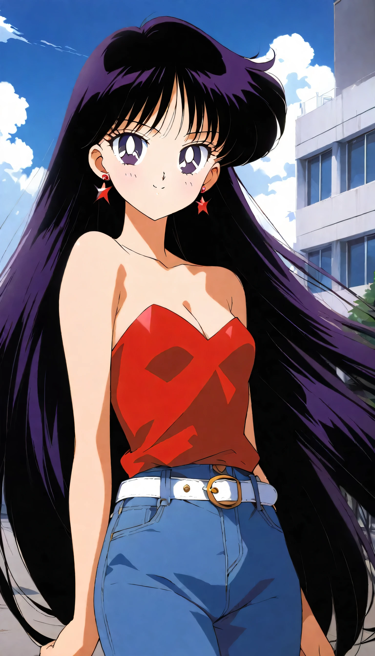 aamars, very long hair, black hair, parted bangs, purple eyes, 1990s \(style\), 1 girl, solo, Best quality, masterpiece, High Definition, earrings, red shirt, striped, strapless, cleavage, white belt, blue pants, small breasts, sky, clouds, high school building, smile, looking at viewer, cowboy shot,