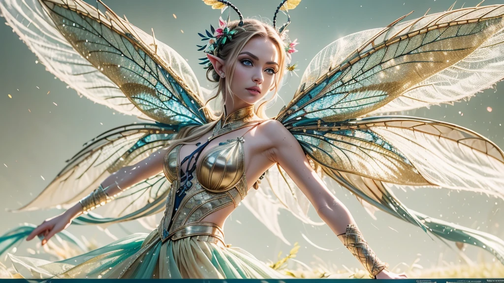 Beautiful faerie woman, elf ear, flying, hovering, floating, centered holographic dragonfly wings, balanced wings, glowing blue eyes, detailed proportional hand, proportional body, firm breast, silk tutu, frank Frazzetta painting style, (Best Quality:1.4), (Ultra-detailed), (extremely detailed CG unified 8k wallpaper), Highly detailed, RAW Photos, Professional Photography, plein air, Illumination, (Super fancy photos:1.4), (Dazzling light), Radiant Photography, depth of fields,
