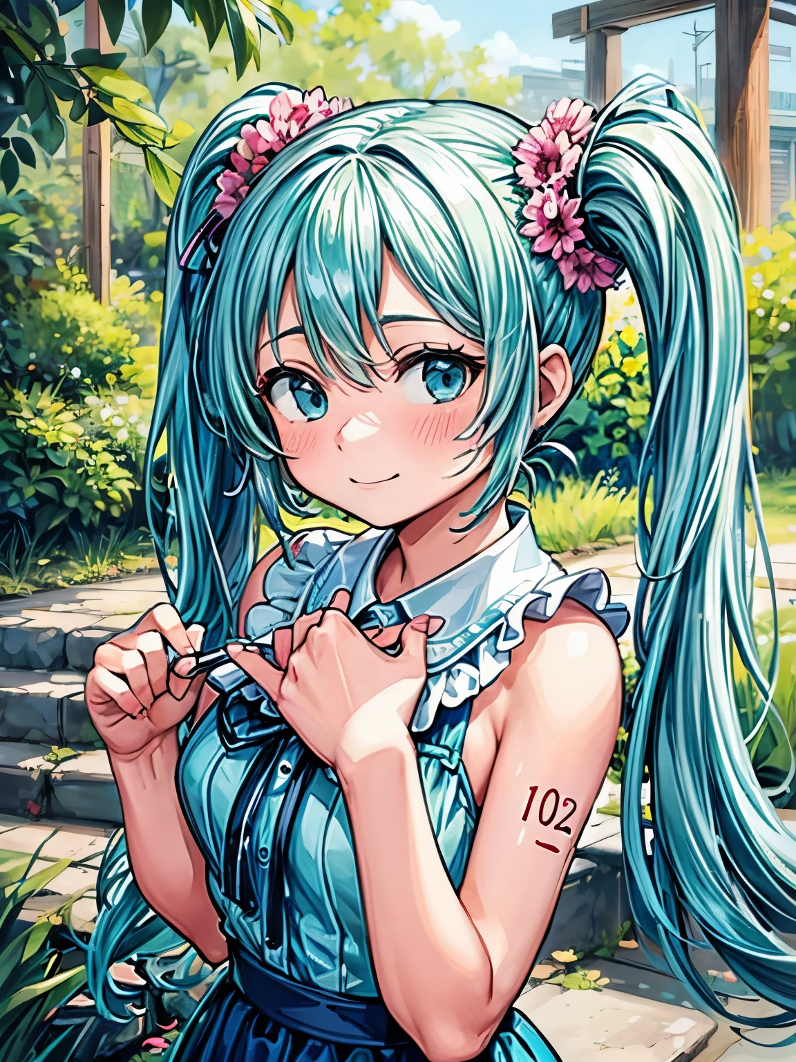 (masterpiece、highest quality、highest quality、Official Art、Beautiful and beautiful:1.2)、(One girl:1.3)Hatsune Miku、Twin tails,Beautiful breasts,Marilyn Monroe, Vintage Style , Ultra-detailed plant l, Line Designer, Digital Ill Station, Thick paint, Maximalist Botany, 美しく審美的に心地よい模範となるmasterpiece, Topaz AI Post-Editing