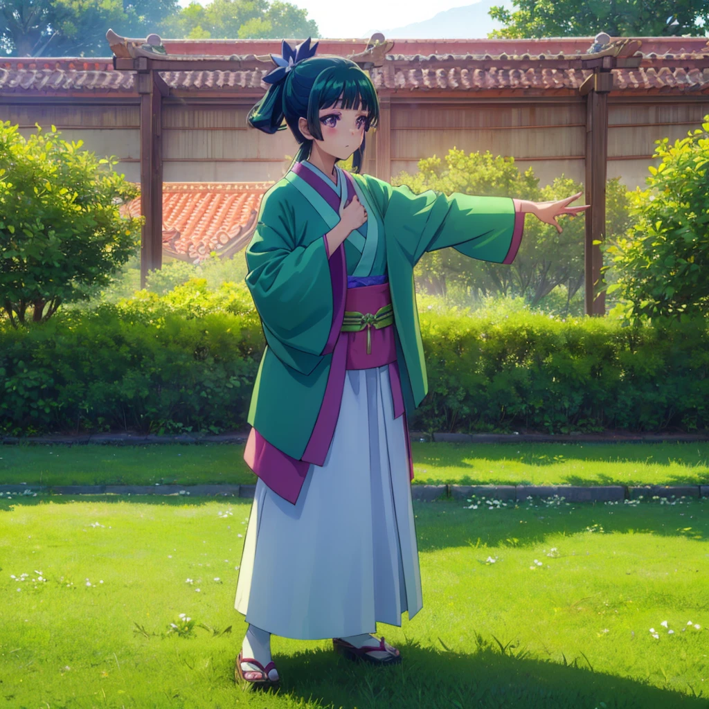 ((Maomao　Green kimono)))　((Standing in the field　Sunshine　Blushing　Dance))　(Shining Background　Shining Edge) High angle