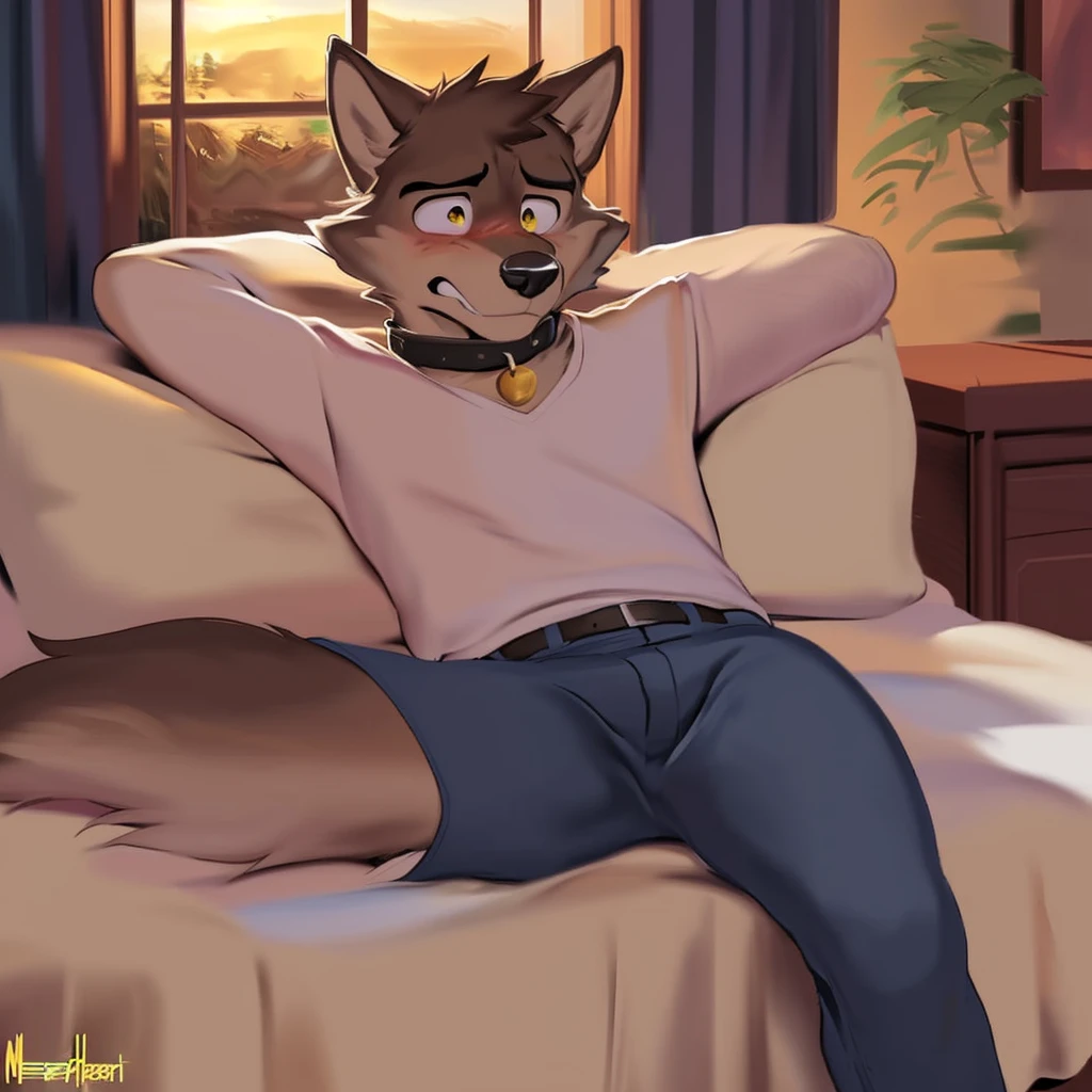 High quality, (ultra high quality:1.5), detailed, ultra detailed, detailed eyes, Furry, (male, wolf:1.5), Mr. Wolf, The Bad Guys, (solo:1.5), (wolf:1.5), (collar:1.5), (white t-shirt, tight jeans, (embarrassed:1.5), on back, on bed, legs spread, by zaush, (by meesh:1.5), by zackary911, (by jrjresq:1.2), (by chunie:1.2), background, detailed background, bed, bedroom, (dawn:1.5), window