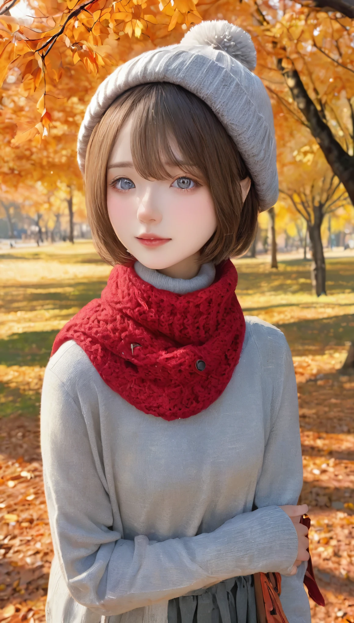 Tabletop:1.2, high quality, 最high quality, High resolution, Ultra-realistic, With a girl, Short Bob，My hair is messy, Light grey eyes,Infinitely clear eyes，，High neck inner，Red knitted hat，Scarf，Long skirt，Are standing，Tilt your head, Outdoor，Autumn park:1.5，Blurred Background, Portraiture,Natural look, (詳細なface), ((Sharp focus)), ((face)), bodyの上部_body，Autumn park，autumn sky