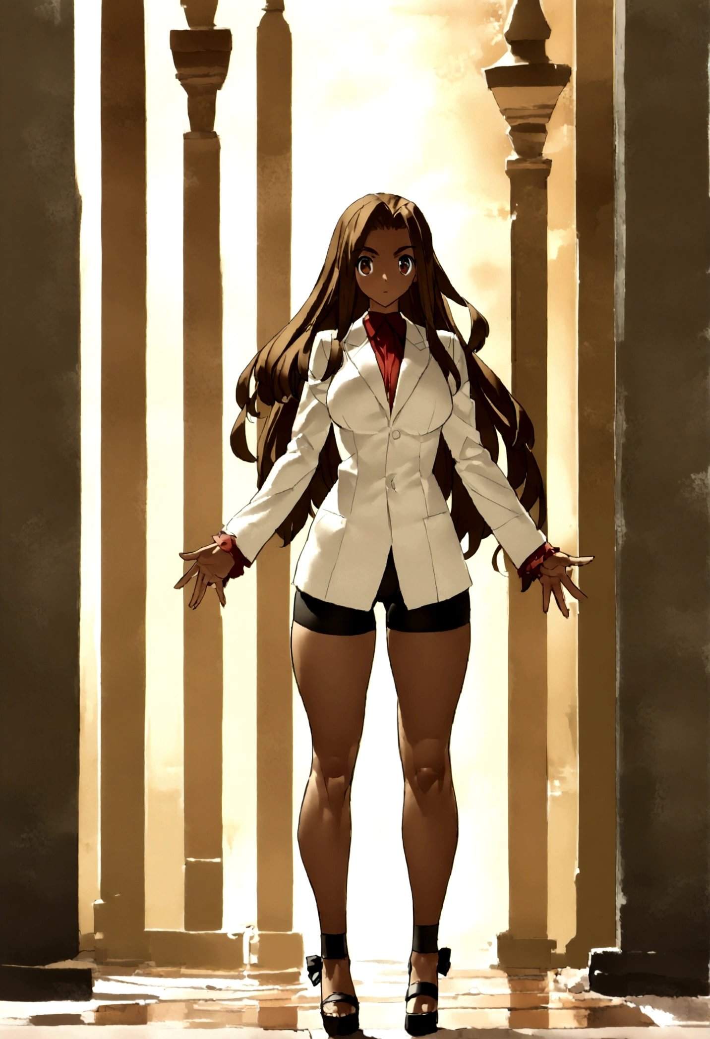 BREAK, centered, BREAK, (EMPTY BACKGROUND), BREAK, (masterpiece), best quality, highest resolution, 8k, illustration, (beautiful detailed eyes:1.5), perfectface, extremely detailed body, CG, perfect hands, perfect ???????, ((1girl)), ((solo)), (((bbaoko))), ((2 legs max)), ((2 feet max:1.5)), ((swirling vortex shaped longest brown hair:1.5)), (brown longest hair with slightly reddish undertone:1.6), (lush luscious longest brown hair:1.6), (very long voluminous longest brown hair:1.5), serious, blue eyes, red bowtie, (Form-fitting beige blazer:1.5), brown jacket, (highly detailed beautiful face:1.2), (white shirt:1), (well shaped large breasts:1.6), (nice hips:1), pretty legs, ((thigh-high black stockings:1.6)), ((Umber pleated skirt:1.6)), (((large bike-shorts:1.6))), (toned visible skin thighs:1.6), (strap shoes brown color), (facing front:1.5), ((standing straight:1.5)), ((Fullbody in frame:1.5)), ((Full body:1.5)), (takeuchi takashi:1.3)
