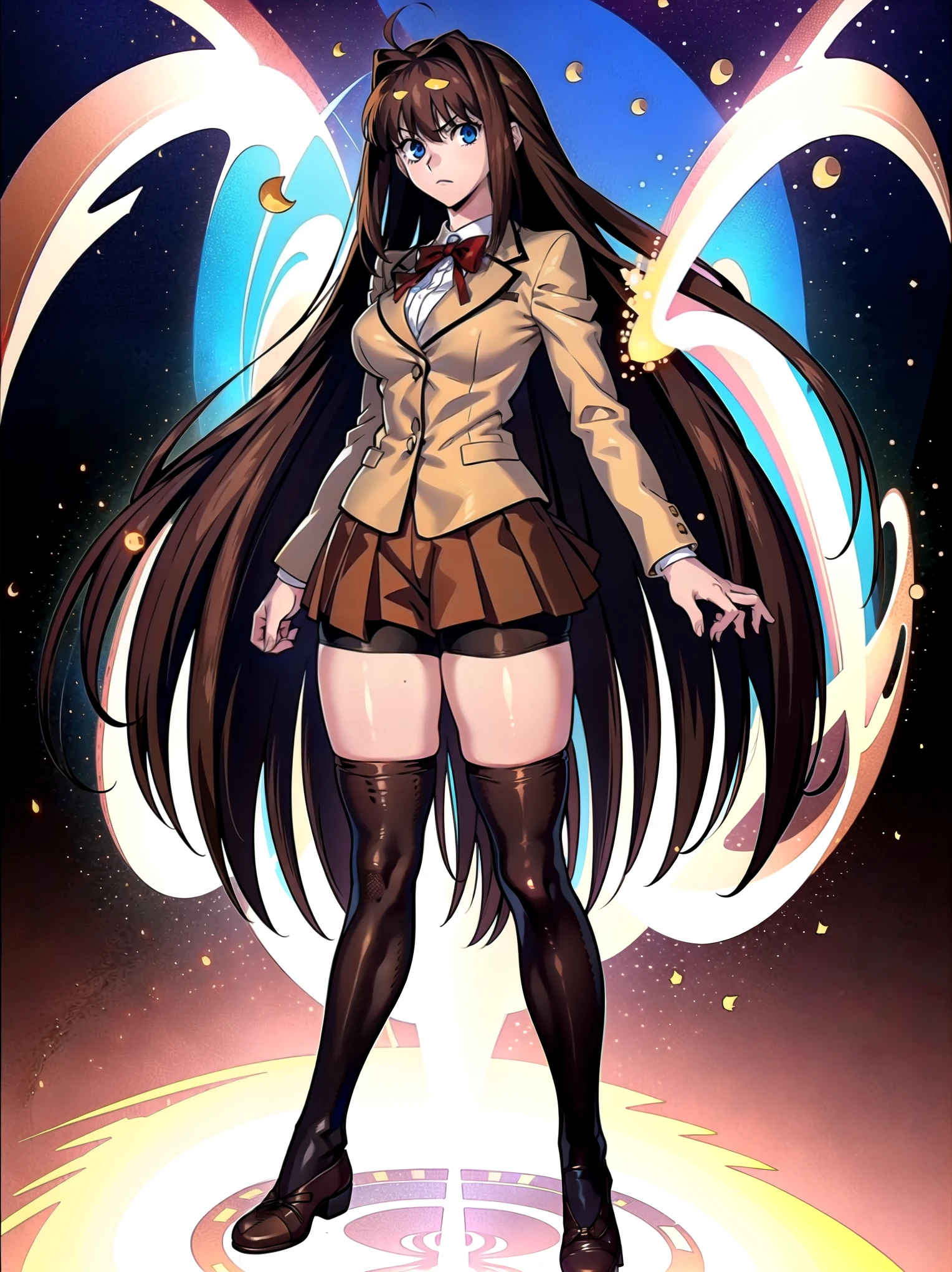 BREAK, centered, BREAK, (EMPTY BACKGROUND), BREAK, (masterpiece), best quality, highest resolution, 8k, illustration, (beautiful detailed eyes:1.5), perfectface, extremely detailed body, CG, perfect hands, perfect anatomy, ((1girl)), ((solo)), (((bbaoko))), ((2 legs max)), ((2 feet max:1.5)), ((swirling vortex shaped longest brown hair:1.5)), (brown longest hair with slightly reddish undertone:1.6), (lush luscious longest brown hair:1.6), (very long voluminous longest brown hair:1.5), serious, blue eyes, red bowtie, (Form-fitting beige blazer:1.5), brown jacket, (highly detailed beautiful face:1.2), (white shirt:1), (well shaped large breasts:1.6), (nice hips:1), pretty legs, ((thigh-high black stockings:1.6)), ((Umber pleated skirt:1.6)), (((large bike-shorts:1.6))), (toned visible skin thighs:1.6), (strap shoes brown color), (facing front:1.5), ((standing straight:1.5)), ((Fullbody in frame:1.5)), ((Full body:1.5)), (takeuchi takashi:1.3)
