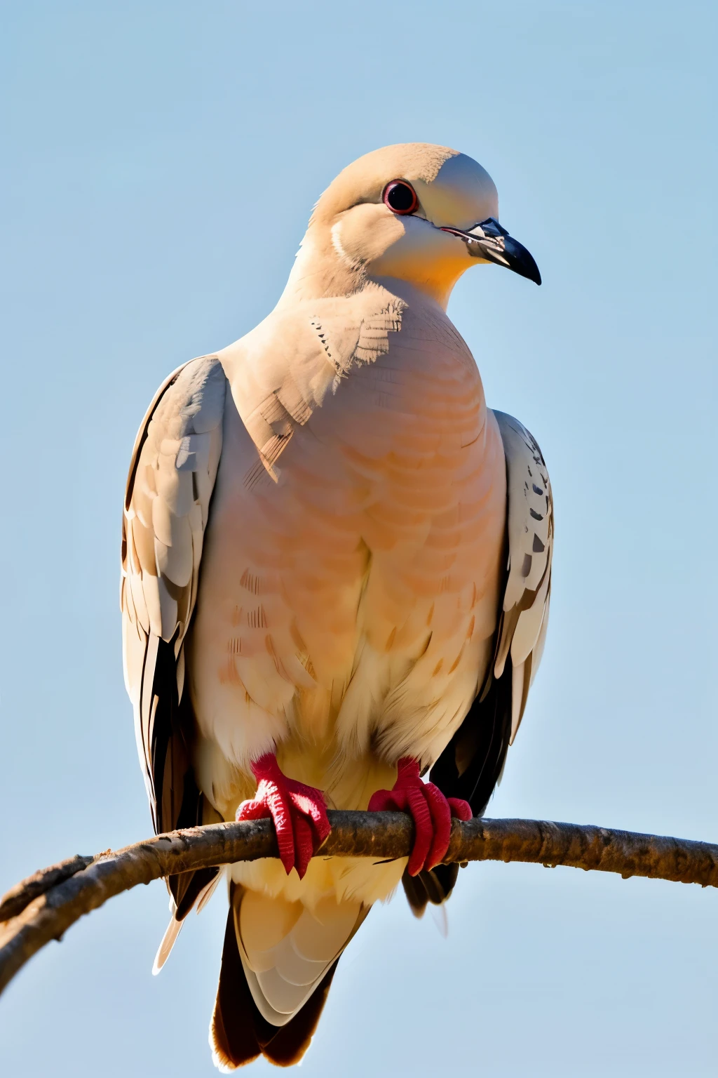 Portrait image of a Dove, with a sleek black plumage, stands majestically on a power line. The background is a blur of bokeh, creating a high-quality, detailed, and realistic 8k image. The cinematic lighting bathes the scene in a smooth, ethereal glow, making every feather and detail stand out in crisp clarity. This image is a testament to the beauty and grace of the Dove, a true masterpiece. This hyper-realistic image was captures by a skilled photographer using a Nikon D850 with a Cinestill 800 Tungsten, focusing on the Dove's piercing eyes and the delicate