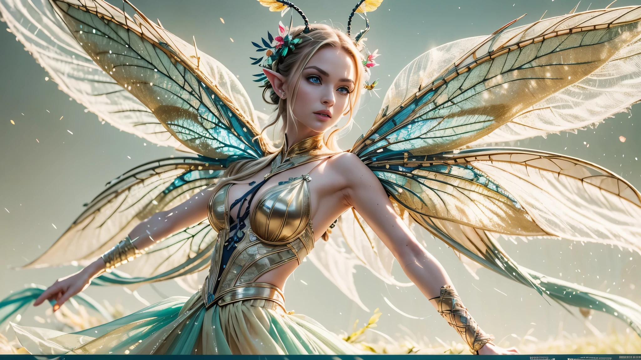 Beautiful faerie woman, elf ear, flying, hovering, floating, centered holographic dragonfly wings, balanced wings, glowing blue eyes, detailed proportional hand, proportional body, firm breast, silk tutu, frank Frazzetta painting style, (Best Quality:1.4), (Ultra-detailed), (extremely detailed CG unified 8k wallpaper), Highly detailed, RAW Photos, Professional Photography, plein air, Illumination, (Super fancy photos:1.4), (Dazzling light), Radiant Photography, depth of fields,