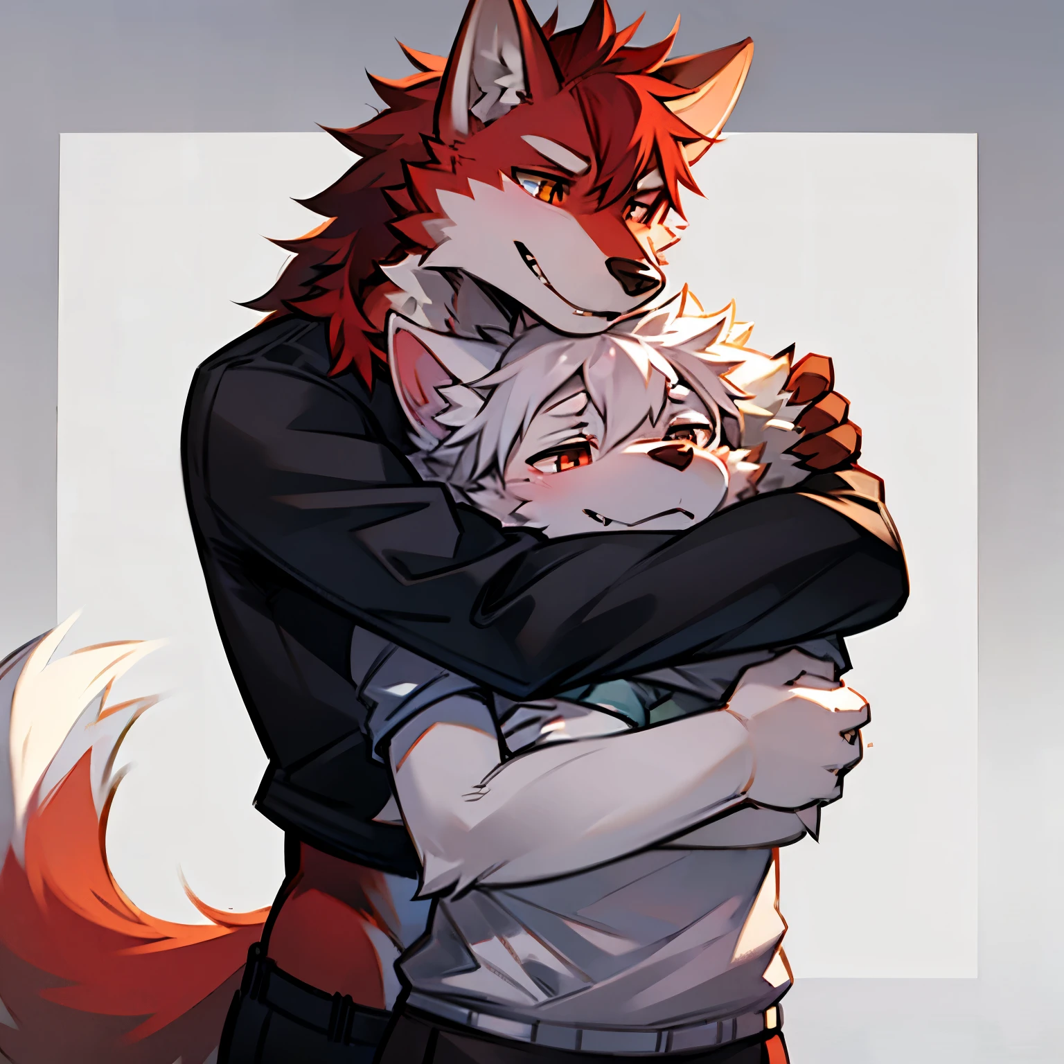 red furry wolf hugging white furry wolf clothed
