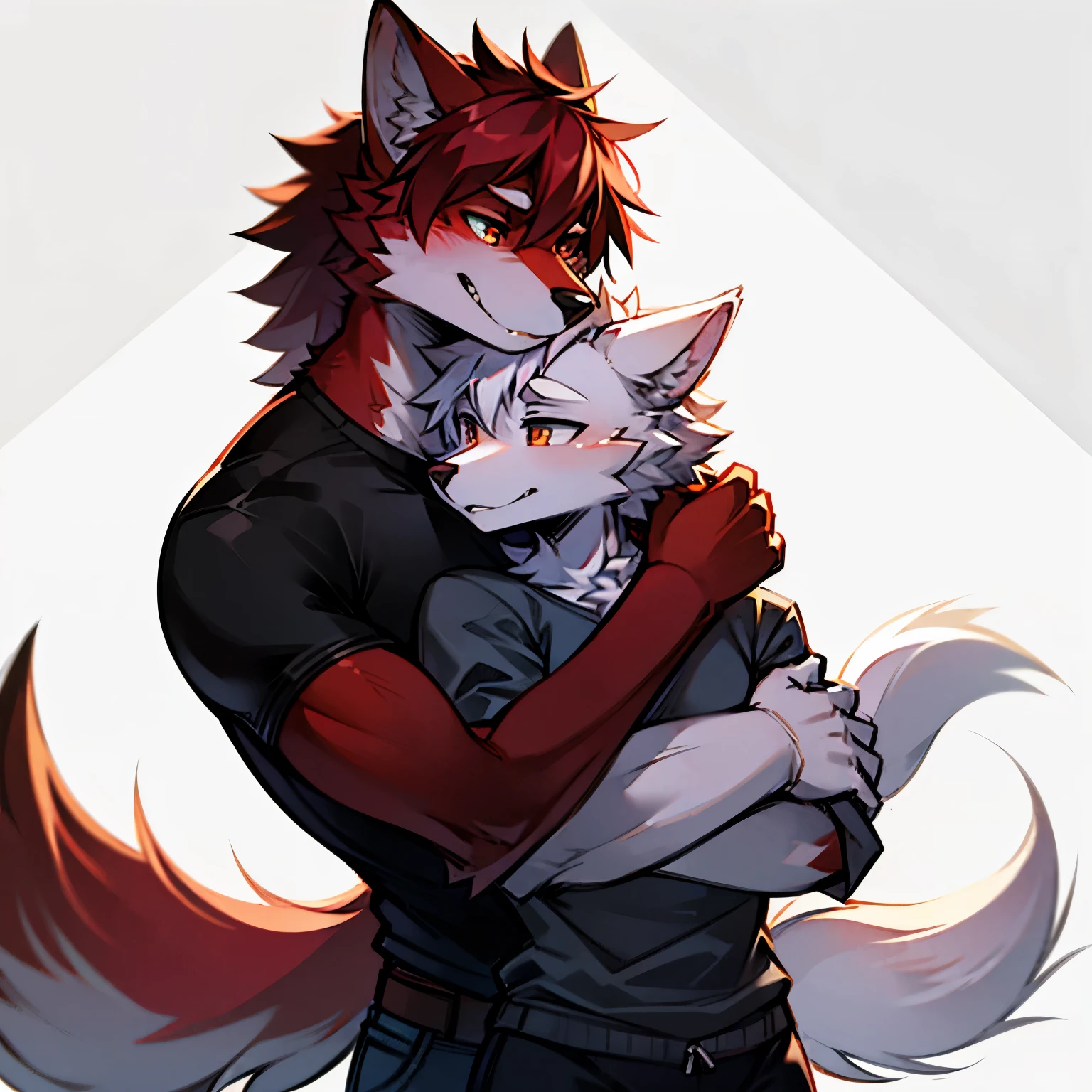 red furry wolf hugging white furry wolf clothed