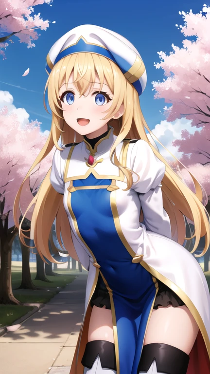 masterpiece, best quality, highres, aapri, long hair, white headwear, small breasts, white dress, puffy sleeves, long sleeves, pelvic curtain, thighhighs, thigh boots, arms behind back, smile, open mouth, standing, cowboy shot, leaning forward, bent over, outdoors, cherry blossoms