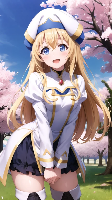 masterpiece, best quality, highres, aapri, long hair, white headwear, small breasts, white dress, puffy sleeves, long sleeves, pelvic curtain, thighhighs, thigh boots, arms behind back, smile, open mouth, standing, cowboy shot, leaning forward, bent over, outdoors, cherry blossoms