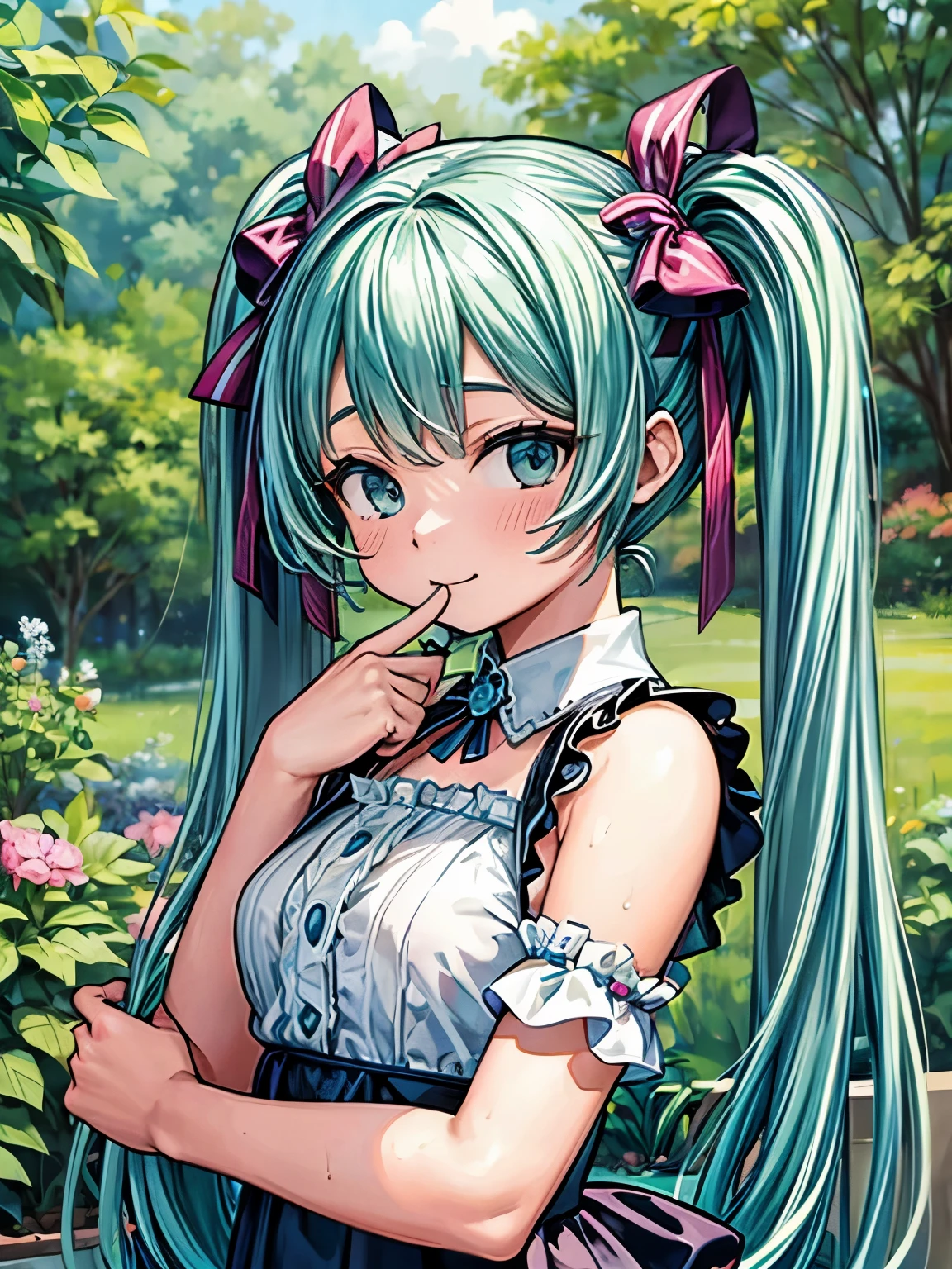 (masterpiece、highest quality、highest quality、Official Art、Beautiful and beautiful:1.2)、(One girl:1.3)Hatsune Miku、Twin tails,Beautiful breasts,Marilyn Monroe, Vintage Style , Ultra-detailed plant l, Line Designer, Digital Ill Station, Thick paint, Maximalist Botany, 美しく審美的に心地よい模範となるmasterpiece, Topaz AI Post-Editing