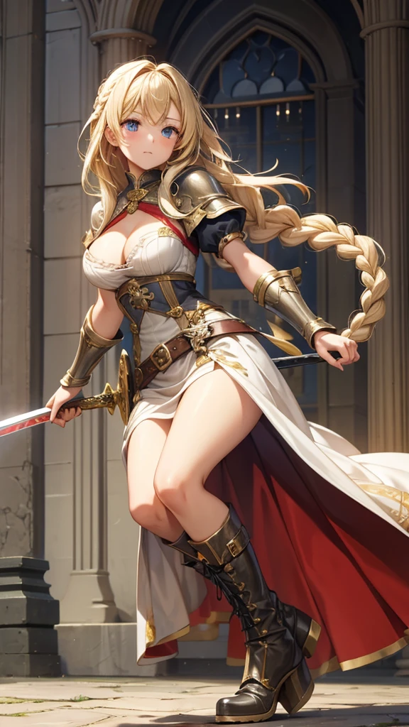 Long blond hair, Double braid, woman,dress, long skirt, cleavage,Hand guard,Bare Legs,boots,Great Sword,Medieval European castles
