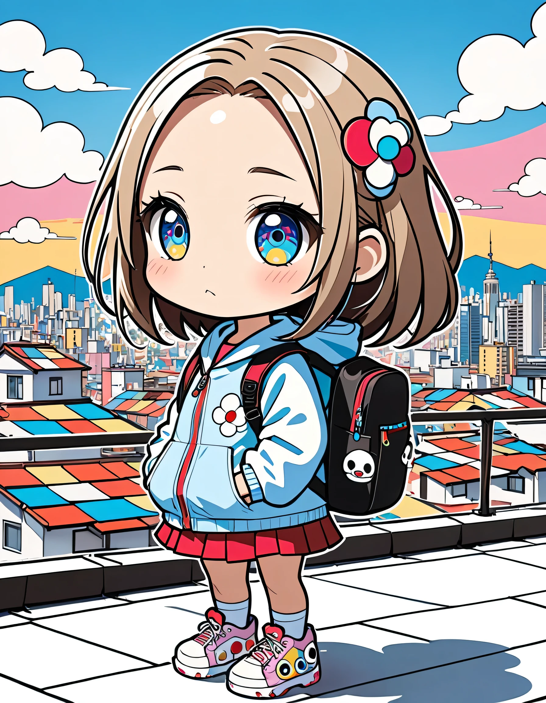 Takashi Murakami style, Urban Background，Girl with backpack on rooftop，Simple Line Initialism，Abstract art，Urban Background, (((The most beautiful girl))), (((chibi)))