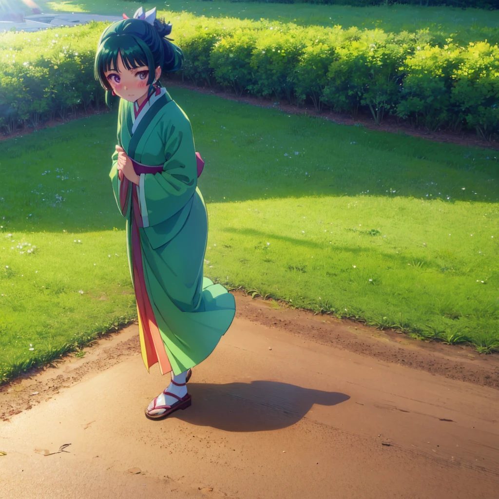 ((Maomao　Green kimono)))　((Standing in the field　Sunshine　Blushing　Dance))　(Shining Background　Shining Edge) High angle