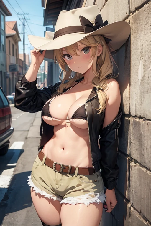 Western Hat　Micro Bikini　Zippered hot pants　Big Tits　western drama　Revolver in hand　Blonde　Curly hair　Wink