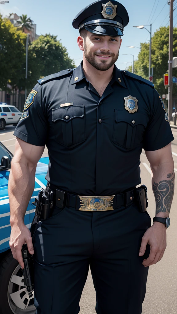 one very pale atletic policeman, European 27yo man, large closed smile, imponent face,  massive pale chest with sweating drops, massive vpl, bulge, just the left eyebrow arched, realistic skin pores texture, neck tribal tattoo, left look, policeman uniform, long legs, black wavy hair fade, beard, cinematic daylight,8k definition, hdr, wearing policeman holster, Wide shoulders, police car background, colorful vivid colors