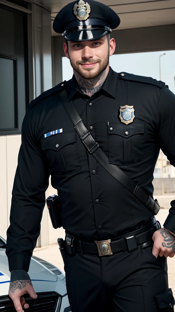 one very pale atletic policeman, European 27yo man, large closed smile, imponent face,  massive pale chest with sweating drops, massive vpl, bulge, just the left eyebrow arched, realistic skin pores texture, neck tribal tattoo, left look, policeman uniform, long legs, black wavy hair fade, beard, cinematic daylight,8k definition, hdr, wearing policeman holster, Wide shoulders, police car background, colorful vivid colors