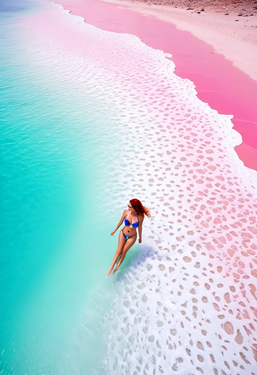 Create the most beautiful red haired woman with very big breasts in bikini on Elafonisi beach, Crete. Elafonisi beach has light pink sand. Ensure that background is arafed view of a beach with a pink sand and blue water, shades of pink and blue, pink white turquoise, looking out at a pink ocean, pink and blue colors, pink and blue colour, breath-taking beautiful beach, blue and pink colors, breathtaking colors, lagoon, pink water in a large bath, breath taking, in socotra island