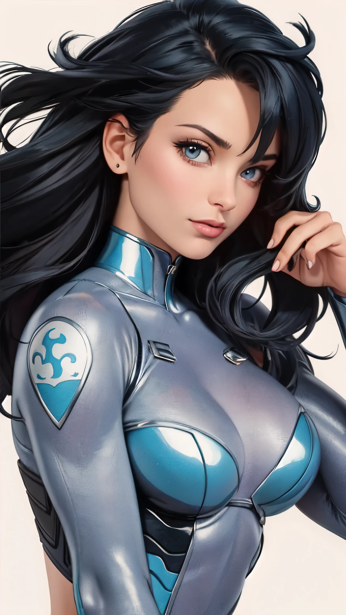 masterpiece,extremely beautiful woman,Excellent sense,(((perfect very white background))),American Comics,(((The Perfect One Woman))),(((one person))),colorful,Highly detailed perfect upper body,highly detailed face,near future,SF,